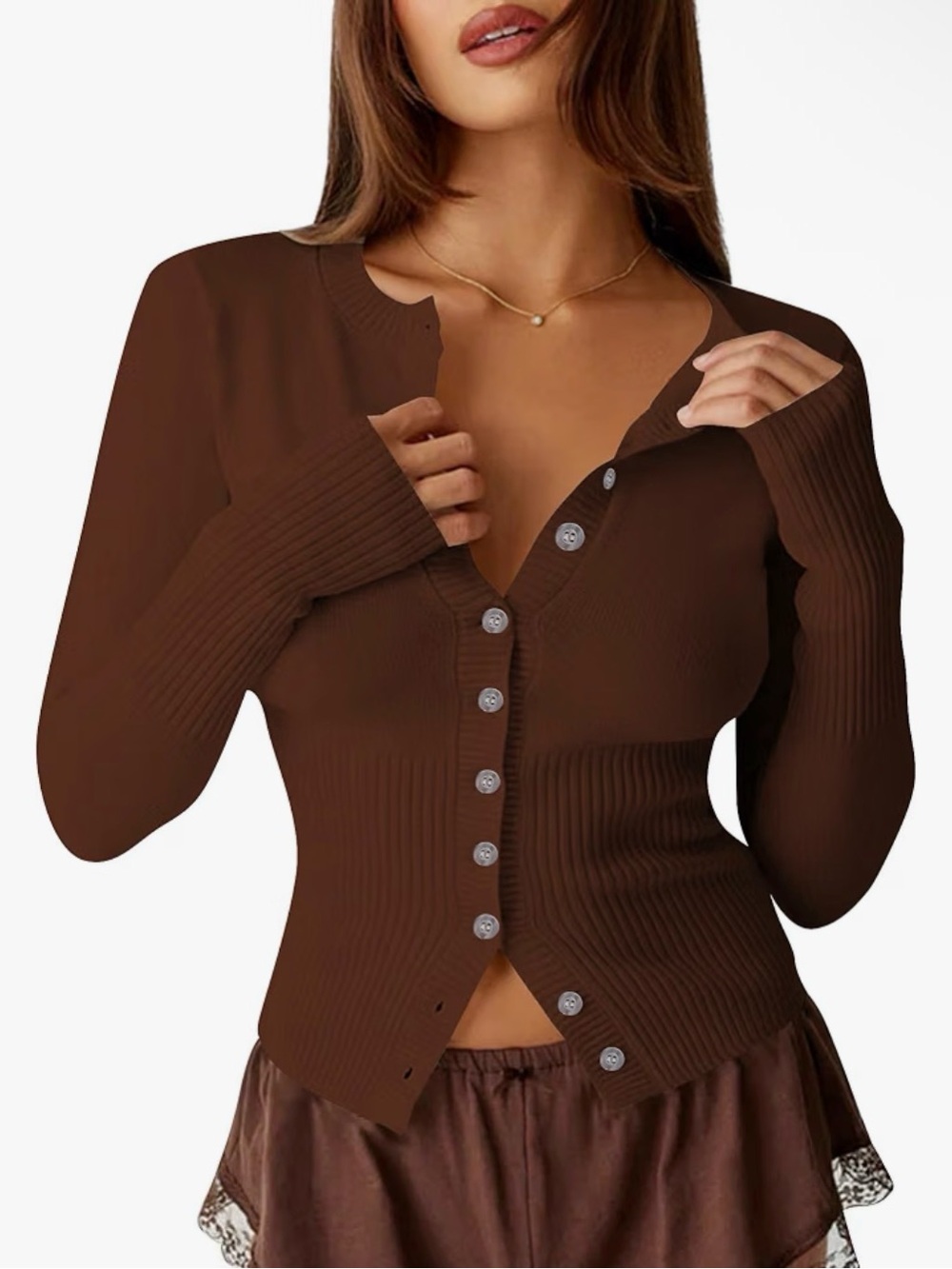 Brown Ribbed Button-Up Women’s Sweater
